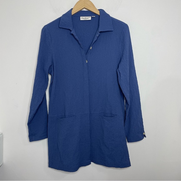 Norm Thompson Button Up Tunic Shirt Women's L Large Blue Textured Long Sleeves - Picture 12 of 14